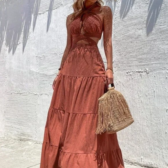 Burnt Orange Casual Womens Cut Out Crisscross Ruffle Hem Backless Halter Dress - Picture 2 of 5